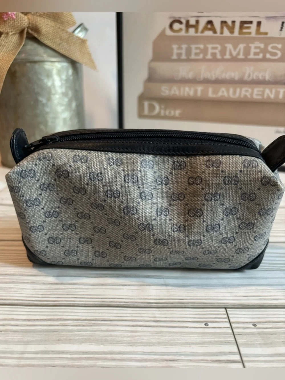 Gucci Navy Blue Vintage Micro GG Canvas Cosmetic Pouch Bag with COA